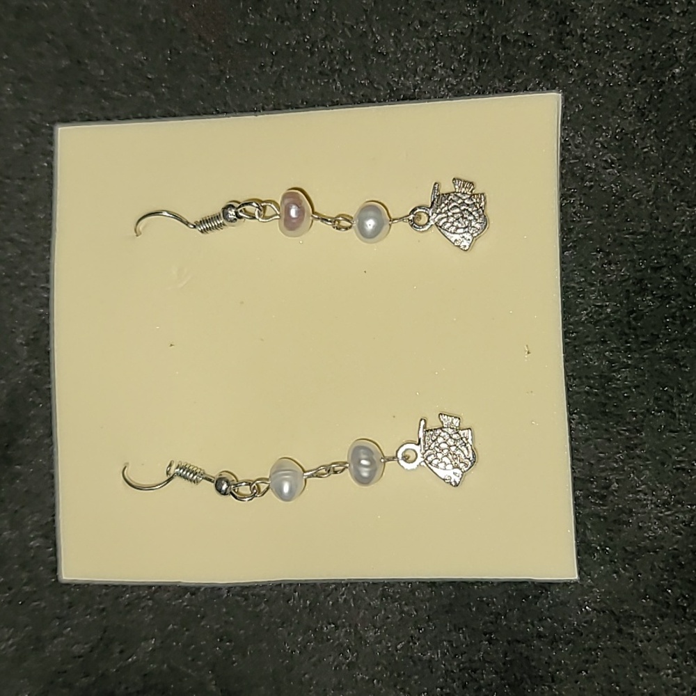 DONATED Sterling Silver Pearl Fish Dangle Earrings